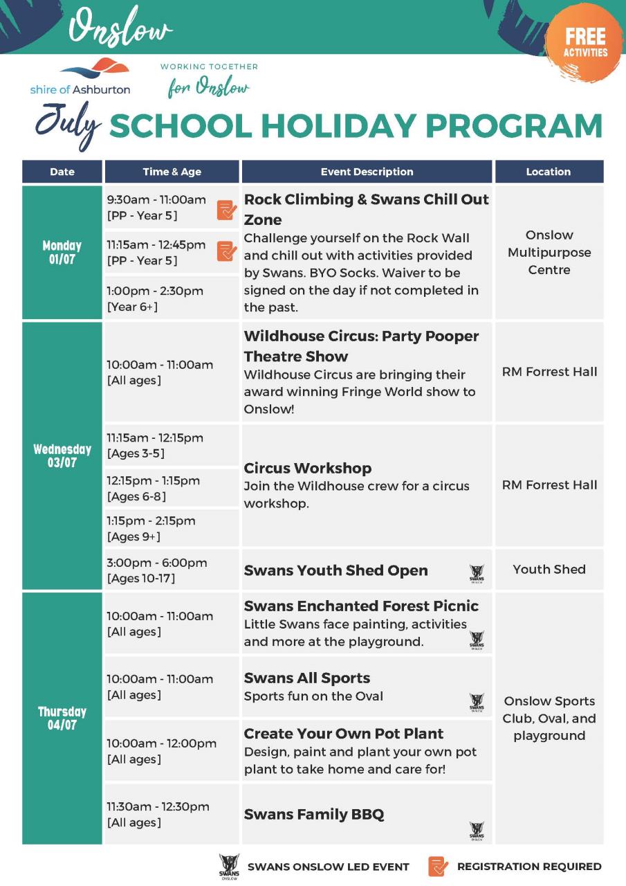 Onslow - School Holiday Programs and Events - July 2024