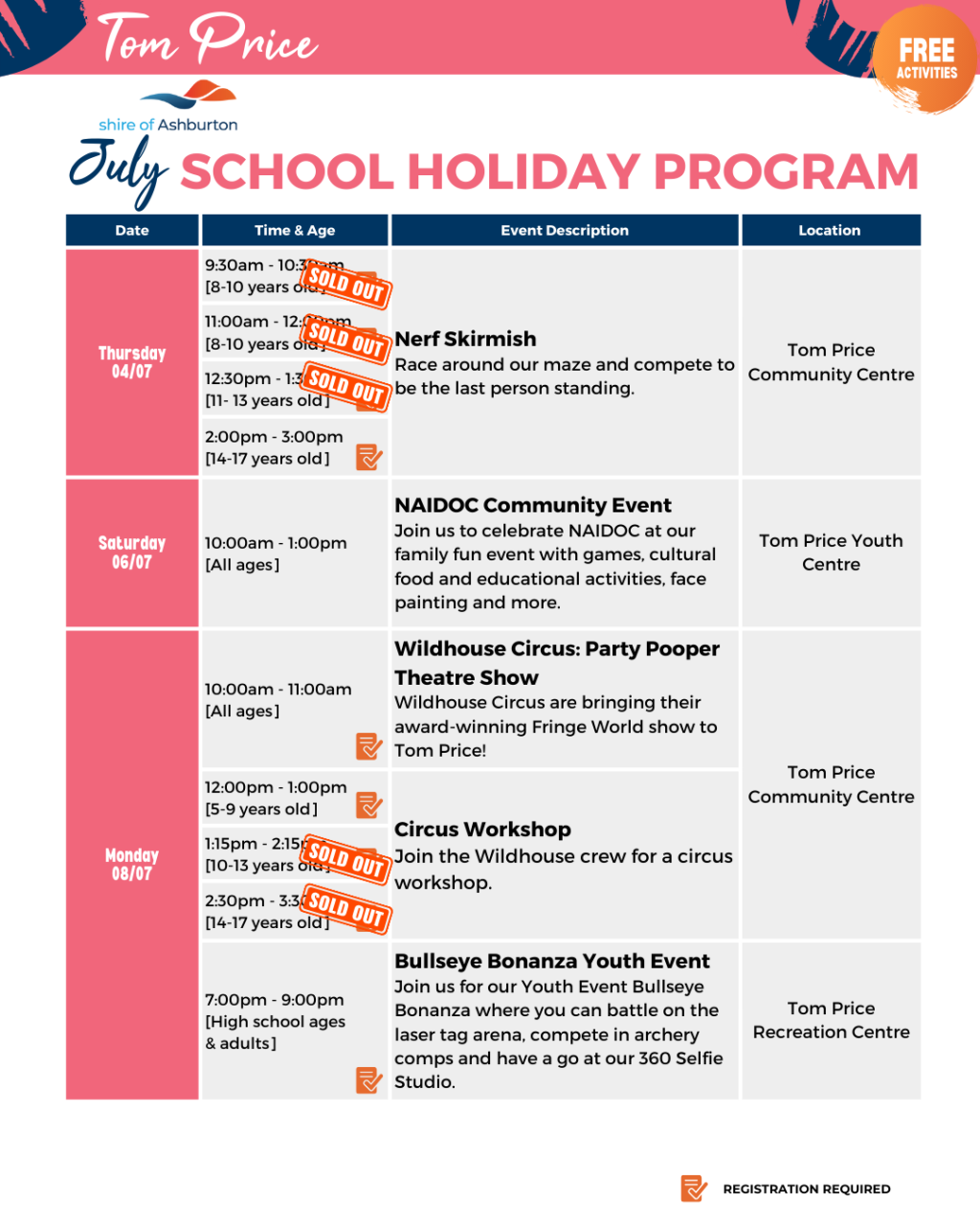 Tom Price - School Holiday Programs and Events - July 2024